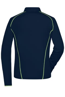 A navy ladies sports shirt with long sleeves and contrasting green stitching, featuring a logo on the back.