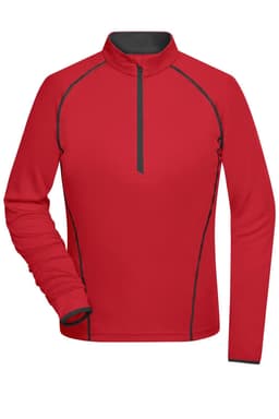 A red ladies sports shirt with a zippered neckline and contrasting black detailing. It has long sleeves and a fitted style.