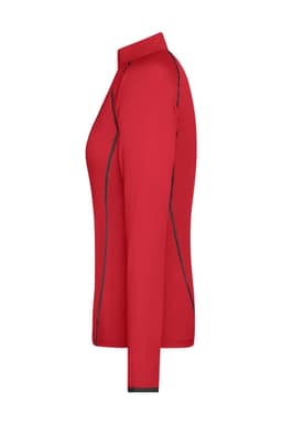 A red ladies' long-sleeve sports shirt featuring black accents and a collar, with a logo present.