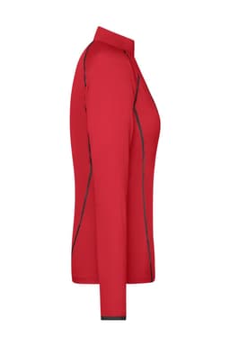 A red long-sleeved sports shirt with black detailing and a collar, featuring a logo.