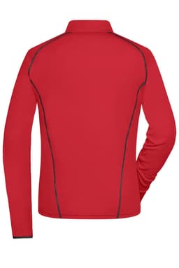 A red ladies sports shirt with a collar and long sleeves, featuring contrasting stitching and a logo.