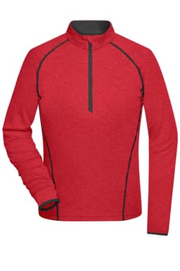 A red long-sleeve sports shirt with a quarter zip and black piping details. Features a logo on the chest area.