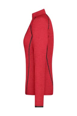 A red long-sleeved ladies sports shirt with contrasting seams and a collar, featuring a logo.