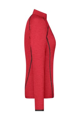A red long-sleeved ladies sports shirt featuring black detailing and a collar, with a logo on the fabric.