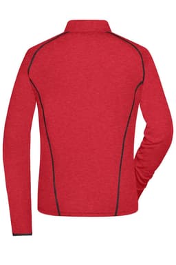 A red ladies sports shirt with long sleeves and contrasting black detailing on the back. It features a collar and fitted design.
