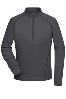 A grey ladies sports shirt with a zip collar and long sleeves, featuring contrasting stitching. It has a logo.