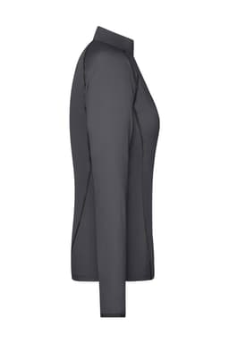 A grey long-sleeve ladies sports shirt with a polo collar and a logo. Suitable for various casual occasions.