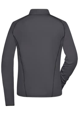 A dark grey long-sleeve ladies sports shirt with a fitted design and subtle seam detailing. It has a logo on the back.