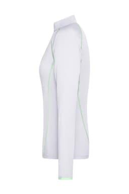 A white ladies sports shirt with long sleeves and green stitching details, featuring a collar and a logo.