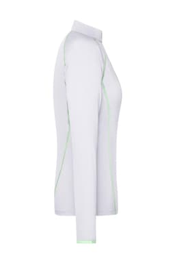 A ladies' long-sleeve sports shirt in white with green detailing and a collar, featuring a logo.