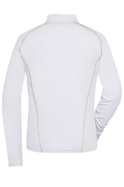 A white long-sleeve sports shirt with green stitching details and a logo on the back.