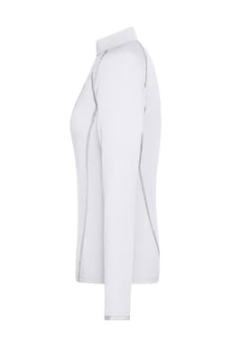 A ladies long-sleeve sports shirt in white, featuring a fitted design and seams along the sides.