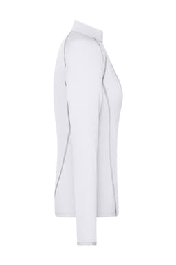 A white long-sleeve sports shirt with a collar, featuring contrasting seams and a logo.