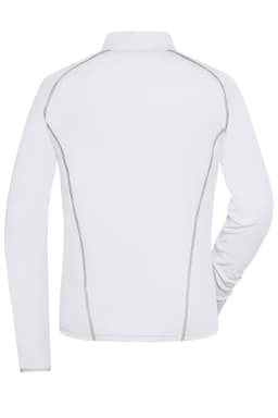 A white women's sports shirt with long sleeves, featuring contrast stitching and a modern design. It has a logo on the back.