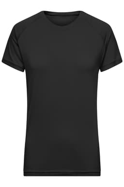A black ladies sports t-shirt with short sleeves and a round neckline. It features a logo on the front.