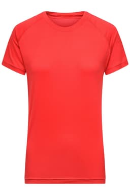 A red ladies' T-shirt with short sleeves and a classic crew neck design. It has a logo on it.