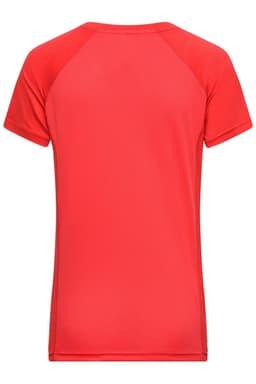 A red ladies' sports T-shirt with a smooth, fitted design and short sleeves. It features a logo on the back.