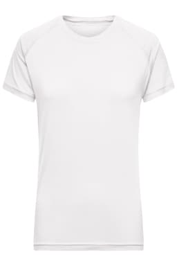 A white ladies' T-shirt with short sleeves, featuring a fitted design and a logo on the front.