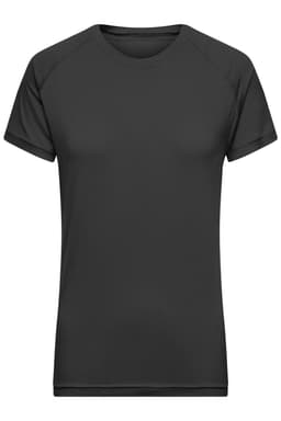 A black women's sports T-shirt with short sleeves and a rounded neckline. It features a logo on the chest area.