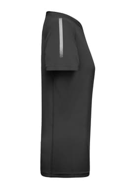 A grey sports T-shirt featuring a sleek design and reflective accents on the shoulder.