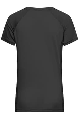 A black ladies' sports T-shirt with a fitted design and short sleeves, featuring a logo.