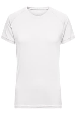 A white T-shirt with short sleeves and a fitted design. Features a subtle logo on the front.