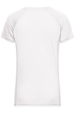 A white ladies T-shirt with short sleeves and a logo on the back.