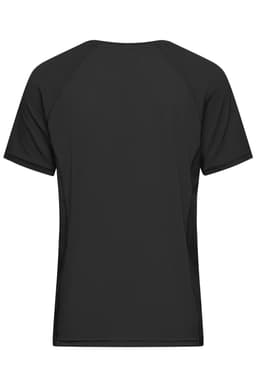 A black men's sports T-shirt with a simple design and a logo on the back.