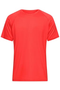 A red men's sports T-shirt with a raglan sleeve design and a simple, branded logo.