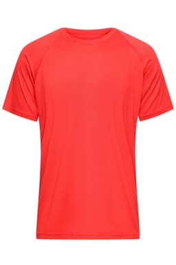 A red sports T-shirt with short sleeves and a round neckline, featuring a logo on the front.