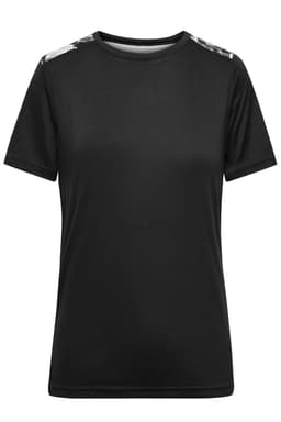 A black ladies sports shirt with patterned accents on the shoulders and a simple crew neck design.