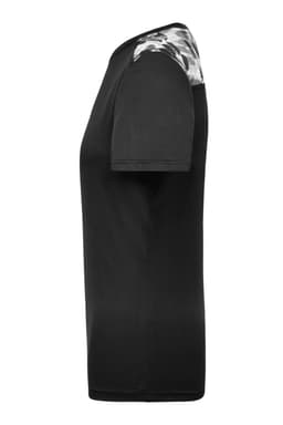 A black ladies' sports shirt features a stylish patterned design on the shoulders and short sleeves.