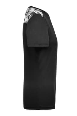 A black ladies sports shirt with a patterned design on the shoulders, featuring short sleeves and a simple cut.