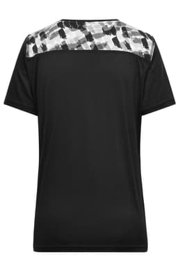 A ladies sports shirt in black, featuring a patterned grey and white upper back section and a logo.