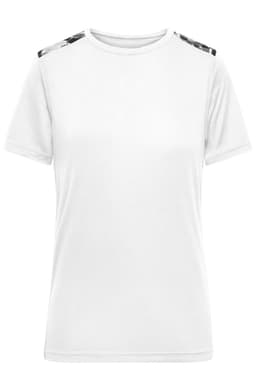 A white ladies sports shirt featuring short sleeves and decorative details on the shoulders, with a logo.