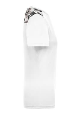 A white ladies sports shirt featuring a patterned design on the shoulders. It has a fitted silhouette and short sleeves.
