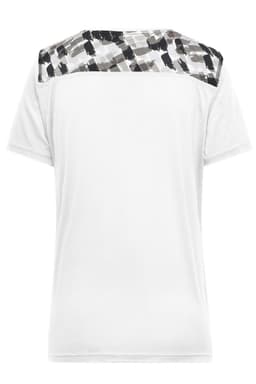 A white ladies' sports shirt featuring a patterned grey and black design on the back and a logo.