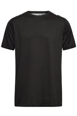 A black men's sports shirt with a standard crew neck and short sleeves, featuring a logo.