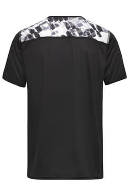 A men's sports shirt in black with a patterned grey and white design on the shoulder. It features a logo on the back.