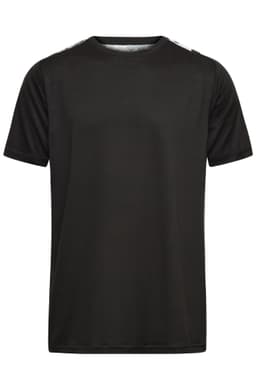 A black men's sports shirt with short sleeves and a logo on the chest.