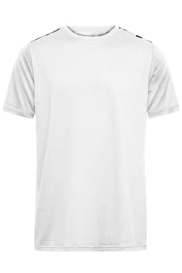 A white men's sports shirt with short sleeves and a logo on the shoulder.