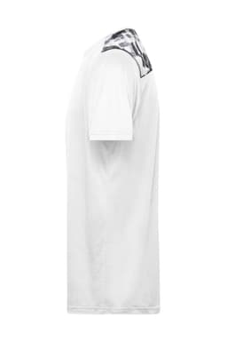 A white men's sports t-shirt featuring a patterned shoulder detail, also has a logo.