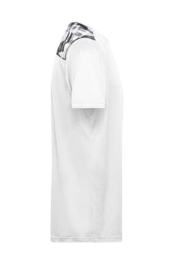 A men's sports shirt in white with a patterned design on the shoulders and short sleeves. It features a logo.
