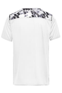 A men's sports shirt in white with a patterned grey and black design on the upper back. Features a logo.