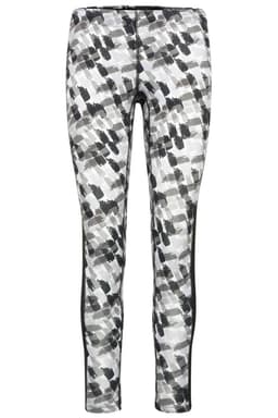 Ladies sports tights in a black, white, and grey abstract print, featuring a sleek design with side panels.