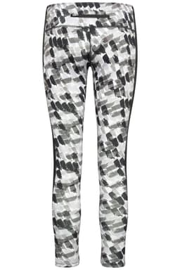 Ladies sports tights in a black and white abstract pattern, featuring a logo on the waistband.