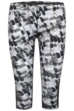 A pair of ladies' 3/4 sports tights featuring a black and grey abstract pattern, with a logo on the waistband.