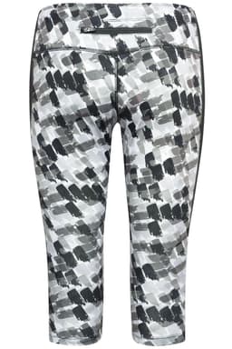 3/4 tights in a grey and white abstract print with a zip pocket and side panel detailing. Features a logo.