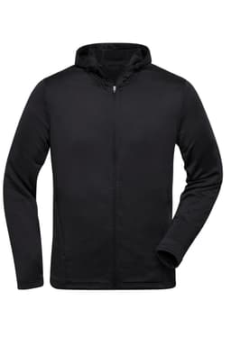 A black men's sports zip hoodie with a full-length zipper and a hood, featuring long sleeves and a fitted design.