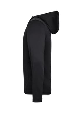 A black men's sports zip hoodie featuring a hood and a sleek, simple design. It has a logo on the front.